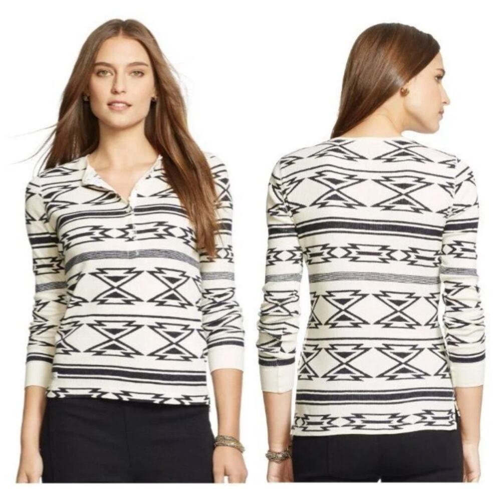 Lauren Ralph Lauren Womens Ivory Southwestern Waffle Knit Henley Thermal Top M